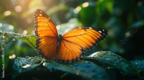 Macro photo of a butterfly fluttering among blooming flowers AI generative.. photo