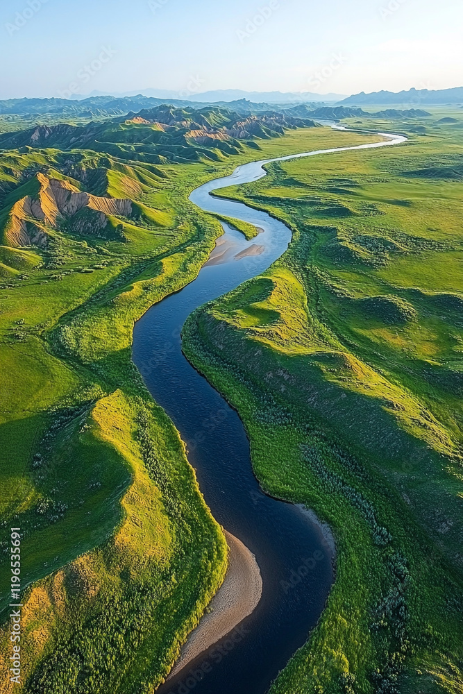 Fototapeta premium Aerial View of a Winding River Through Lush Green Hills