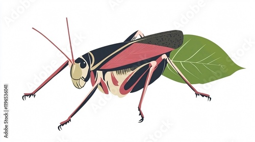 Red Locust on a Leaf: A Colorful Insect Illustration photo