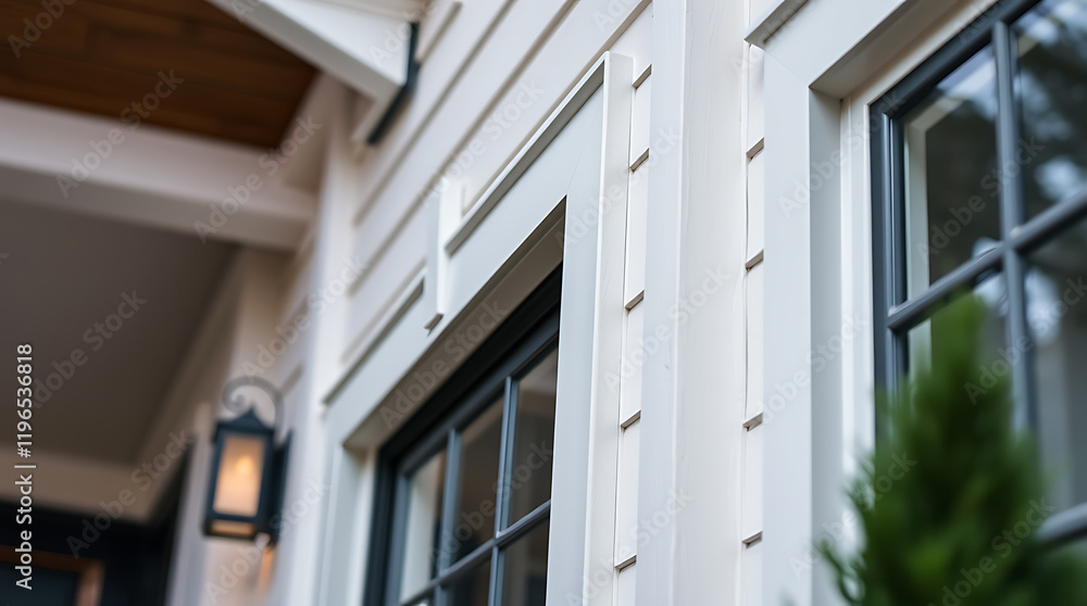 Modern White House Exterior with Elegant Window Frames and Architectural Details. Luxury Home Design and Real Estate Photography Modern White House Exterior with Elegant Window Frames and Architectural Details. Luxury Home Design and Real Estate Photography