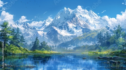 Mountain range reflects in a still lake, with green foliage bordering the water. AI generative. .