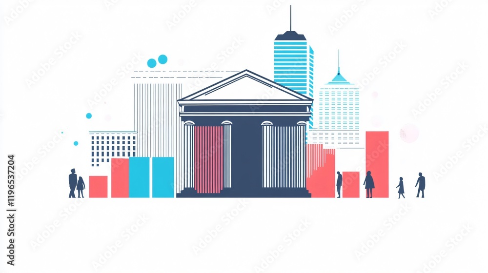 Fototapeta premium Modern Cityscape with Bank and People: Business and Finance Concept