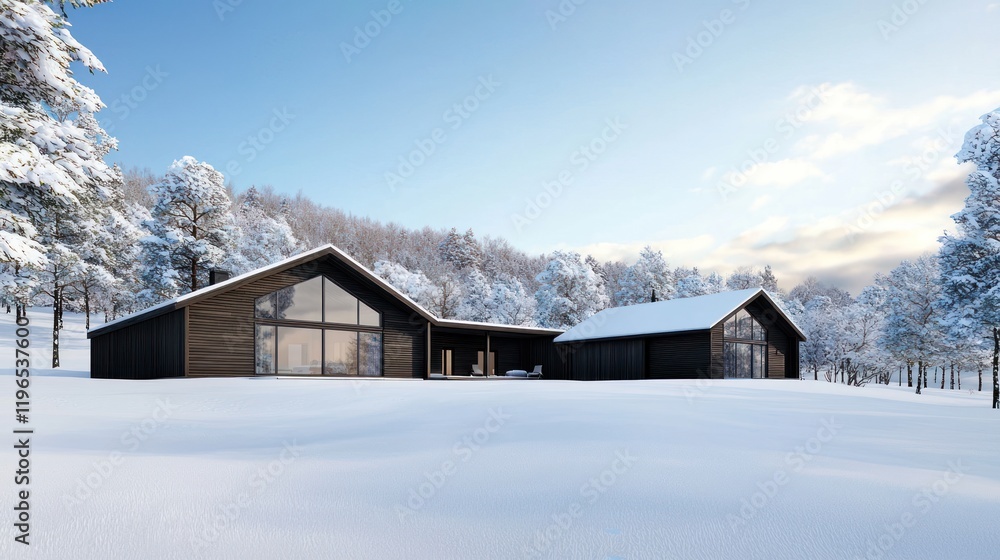 Modern houses in a snowy landscape under a clear sky. Modern houses in a snowy landscape under a clear sky.