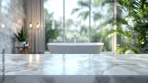 Empty marble top table with blurred bathroom interior background for product display photo