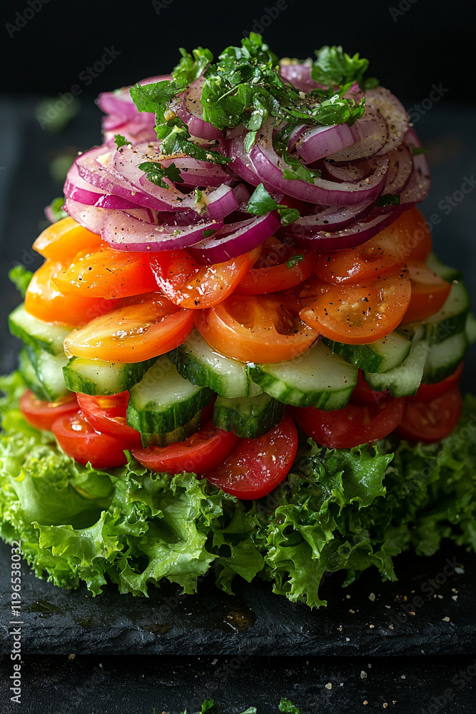 Layered Vegetable Salad with Red Onion and Herbs