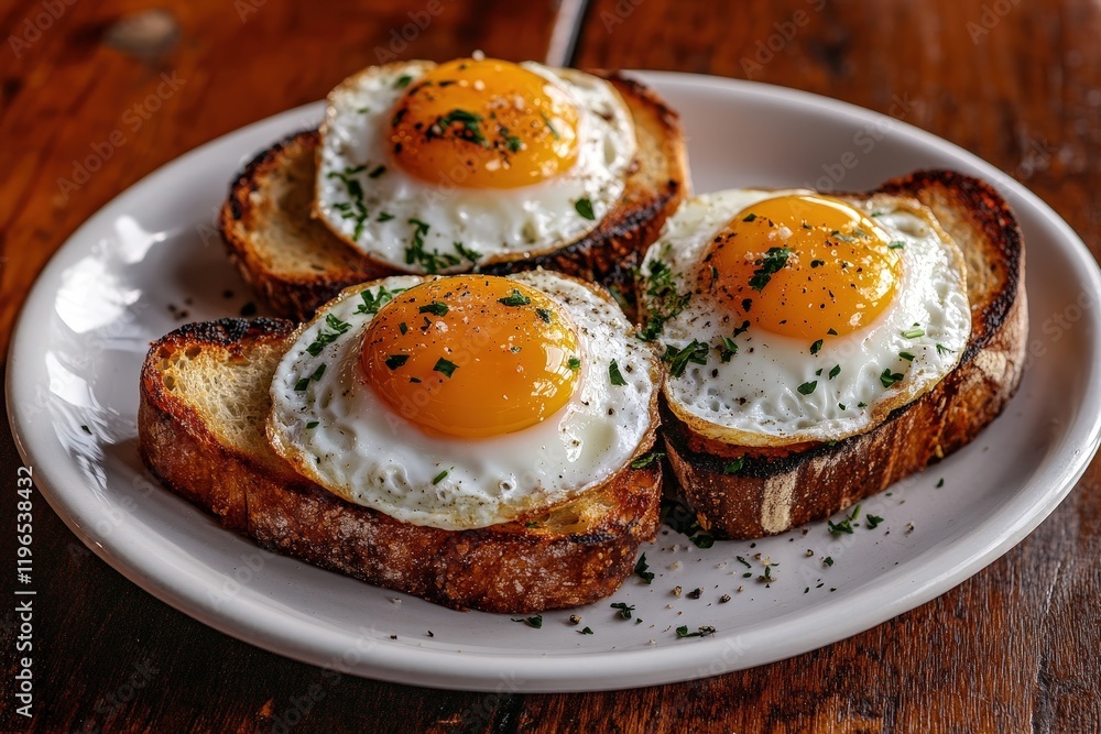 Eggs, toast and herbs served on a white plate. Delicious breakfast dish featuring sunny-side-up eggs on crispy bread. Perfect for brunch and meal inspiration. Eggs, toast and herbs served on a white plate. Delicious breakfast dish featuring sunny-side-up eggs on crispy bread. Perfect for brunch and meal inspiration.