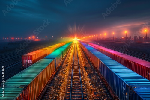 Train tracks lined with colorful shipping containers at night, illuminated by streetlights. AI generative. . photo