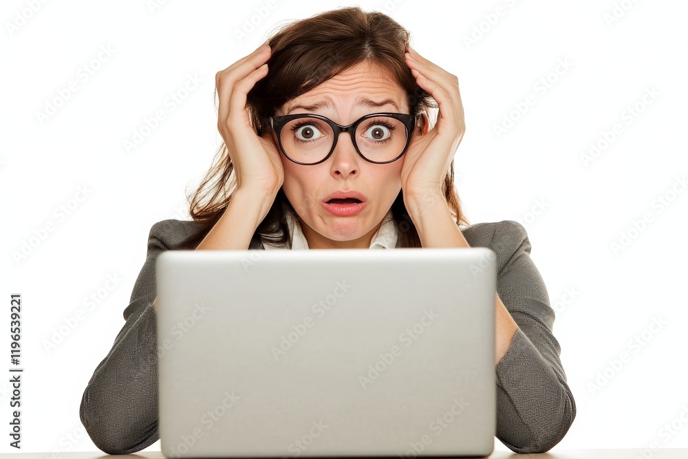 Stressed business woman working from home on laptop looking worried, tired and overwhelmed., Generative AI Stressed business woman working from home on laptop looking worried, tired and overwhelmed., Generative AI