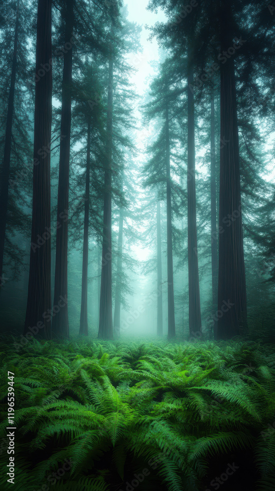 Fototapeta premium Misty coastal forest with towering trees and lush ferns