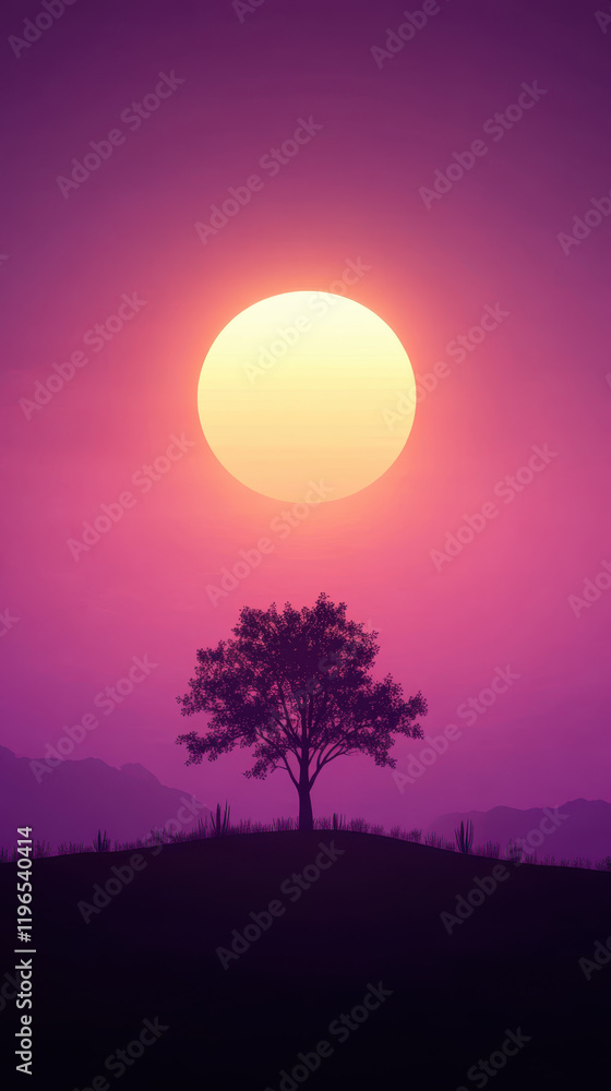 Fototapeta premium serene sunset landscape with silhouette of tree