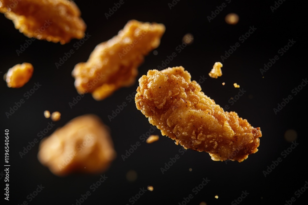 Fried chicken pieces falling in the air with crispy coating, showcasing delicious fast food, snack, or appetizer options for restaurants and food photography. Fried chicken pieces falling in the air with crispy coating, showcasing delicious fast food, snack, or appetizer options for restaurants and food photography.