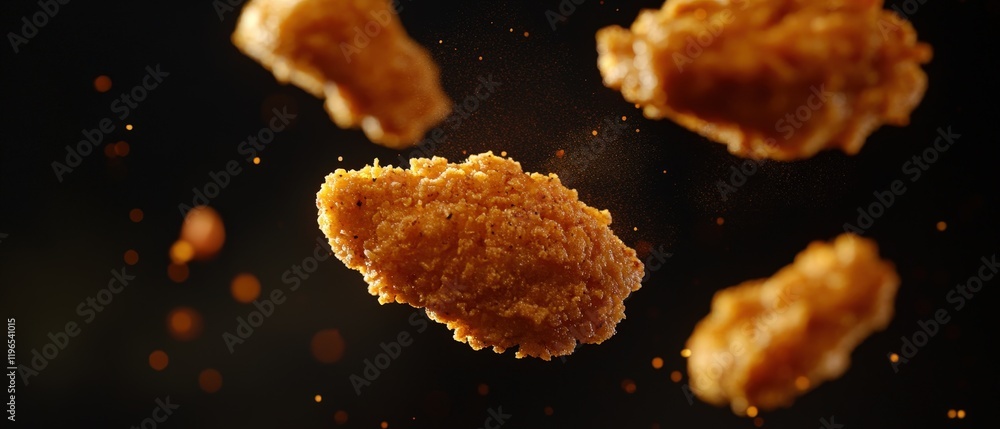 Fried chicken wings falling in motion with crispy texture, spices, and golden color against a dark background, ideal for food photography and restaurant menus. Fried chicken wings falling in motion with crispy texture, spices, and golden color against a dark background, ideal for food photography and restaurant menus.
