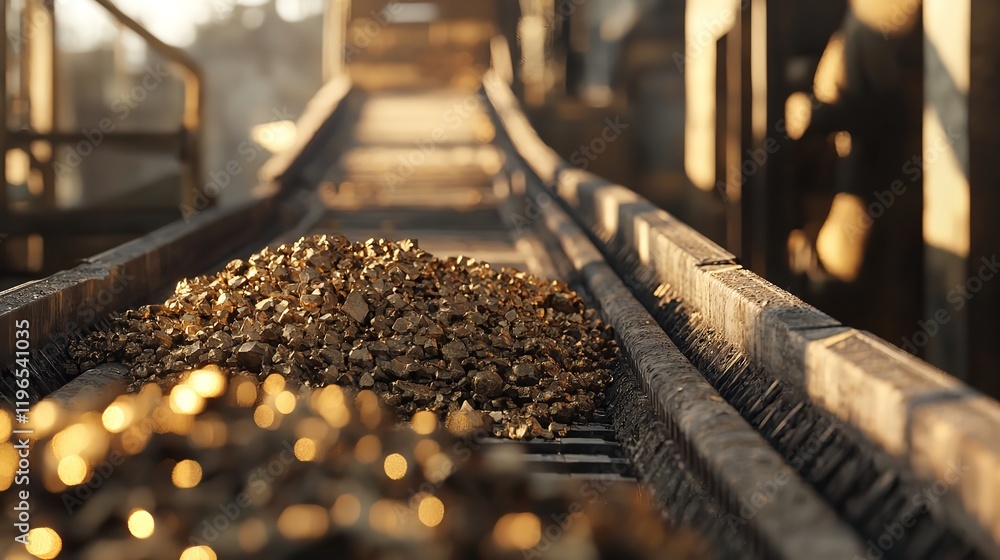 Golden Riches on the Rails: Freshly mined gold glistens on a conveyor belt, hinting at the industrial process and vast wealth beneath the earth.