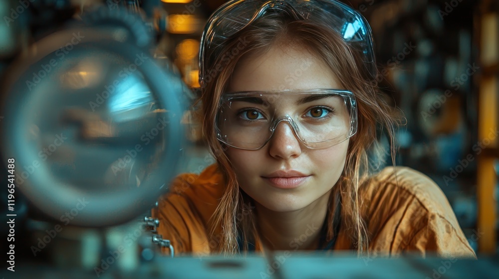 Woman Engineer Inspecting Machinery in Factory. Woman Engineer Inspecting Machinery in Factory.