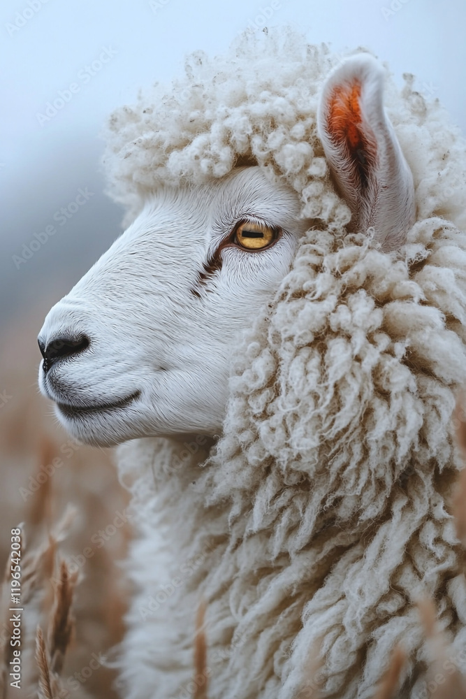 Fluffy White Sheep Profile In Autumnal Field Fluffy White Sheep Profile In Autumnal Field