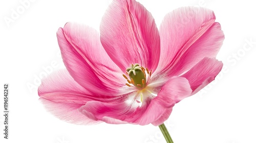 flower background , pink flower with delicate petals and green leaves on a simple stem, Springtime theme, greeting card background