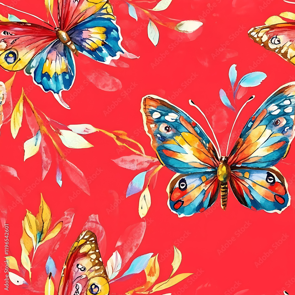 Colorful butterflies fluttering on vibrant red background with floral accents and artistic seamless patterns Colorful butterflies fluttering on vibrant red background with floral accents and artistic seamless patterns