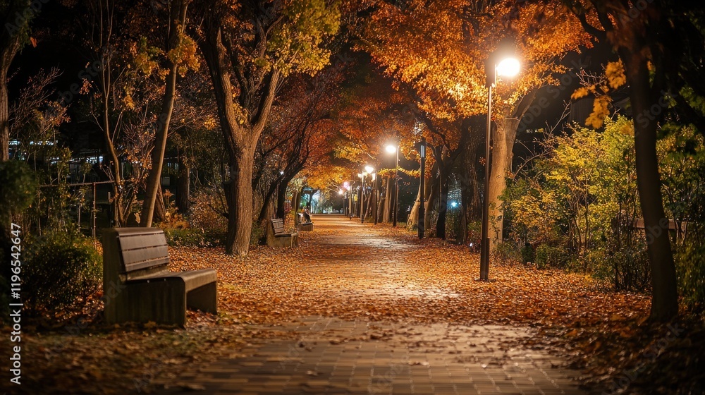 Fototapeta premium Autumn Night Walk: Serene Pathway Illuminated by Golden Leaves and Streetlights