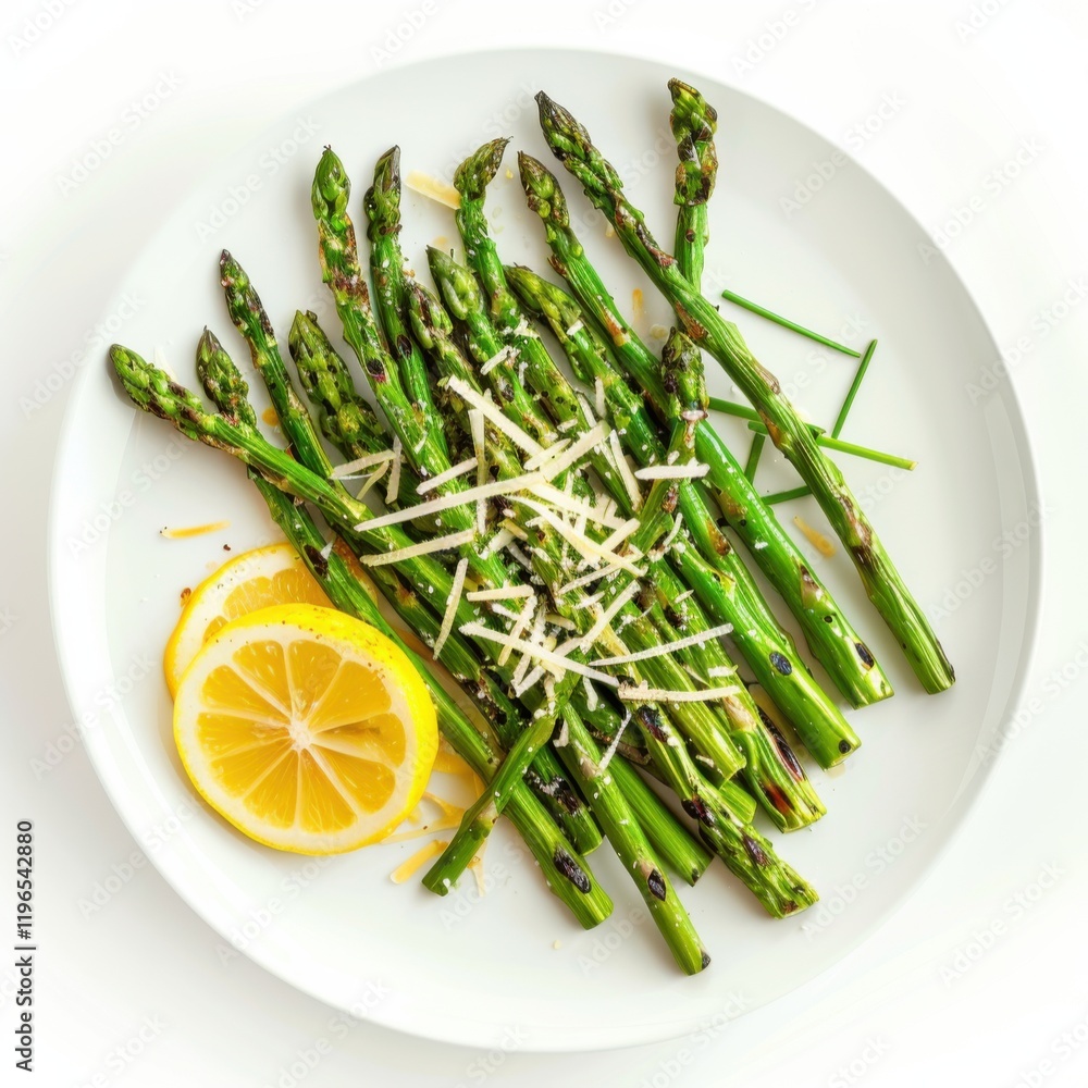 A plate of grilled asparagus with lemon zest and parmesan shavings, isolated white background, cubism art style A plate of grilled asparagus with lemon zest and parmesan shavings, isolated white background, cubism art style