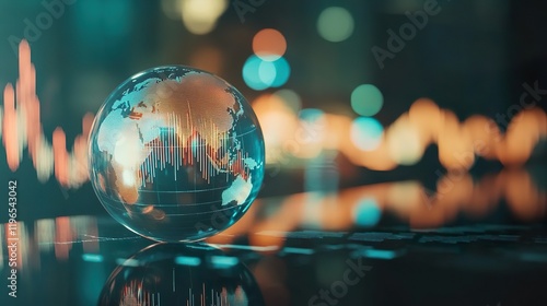 A crystal globe, reflecting the world, is centered against a dreamy bokeh background overlaid with abstract financial data, suggesting the global reach and abstract nature of financial markets.