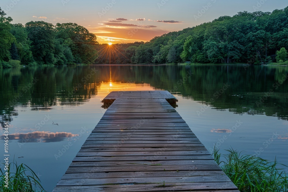 Fototapeta premium Wooden dock leading into a lake with a sunset reflection. AI generative. .