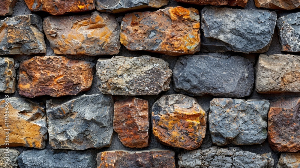 Close-up of a weathered stone wall, featuring irregular gray and orange stones. AI generative. . Close-up of a weathered stone wall, featuring irregular gray and orange stones. AI generative. .