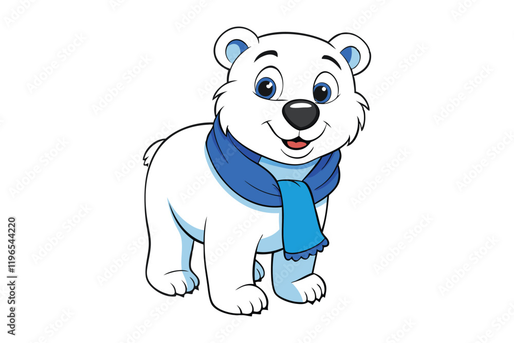 Obraz premium A happy cartoon polar bear cub wearing a blue scarf vector art illustration.eps