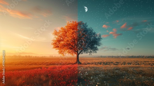 Half of a tree is bathed in golden sunset light, while the other half is under a starry night sky with a crescent moon. AI generative. .