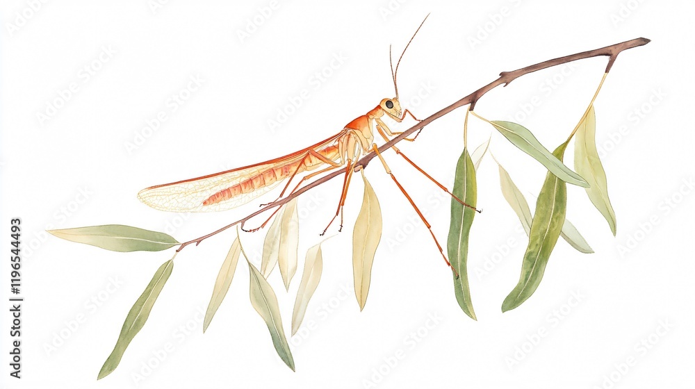 A Delicate Orange Insect Perched on a Slender Branch: A Watercolor Painting of Wildlife A Delicate Orange Insect Perched on a Slender Branch: A Watercolor Painting of Wildlife