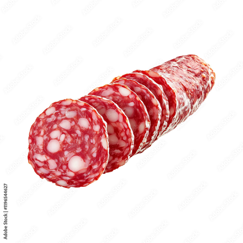 Close-up of Saucisson Sec slices isolated on white transparent background. Concept of fresh deli meat and gourmet food. Close-up of Saucisson Sec slices isolated on white transparent background. Concept of fresh deli meat and gourmet food.