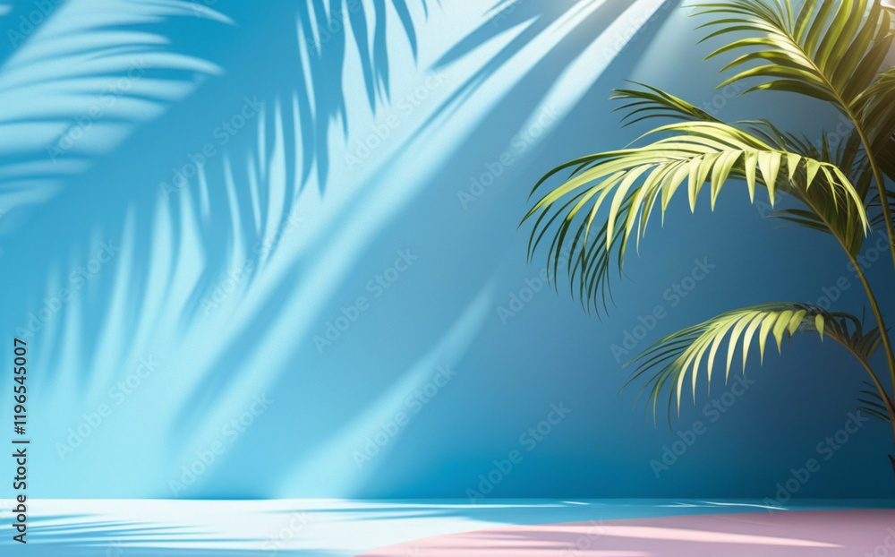 stock photo features a minimalist, generative concept with palm leaves casting shadows on a blue wall and pastel floor, creating a summer tropical beach background in an empty room ideal for product stock photo features a minimalist, generative concept with palm leaves casting shadows on a blue wall and pastel floor, creating a summer tropical beach background in an empty room ideal for product