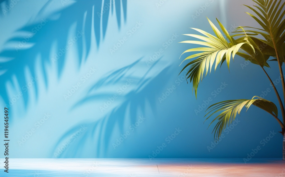 stock photo features a minimalist, generative concept with palm leaves casting shadows on a blue wall and pastel floor, creating a summer tropical beach background in an empty room ideal for product stock photo features a minimalist, generative concept with palm leaves casting shadows on a blue wall and pastel floor, creating a summer tropical beach background in an empty room ideal for product