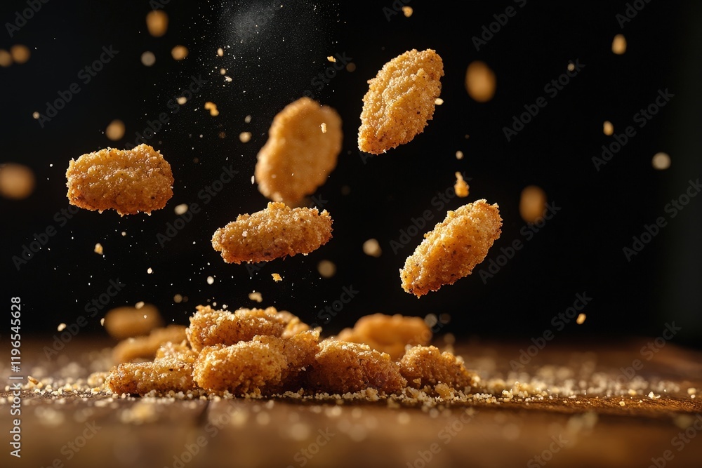 Chicken nuggets falling on a wooden surface with crumbs, capturing the deliciousness of fast food snacks for restaurant menus or food blogs, crispy texture and golden color. Chicken nuggets falling on a wooden surface with crumbs, capturing the deliciousness of fast food snacks for restaurant menus or food blogs, crispy texture and golden color.