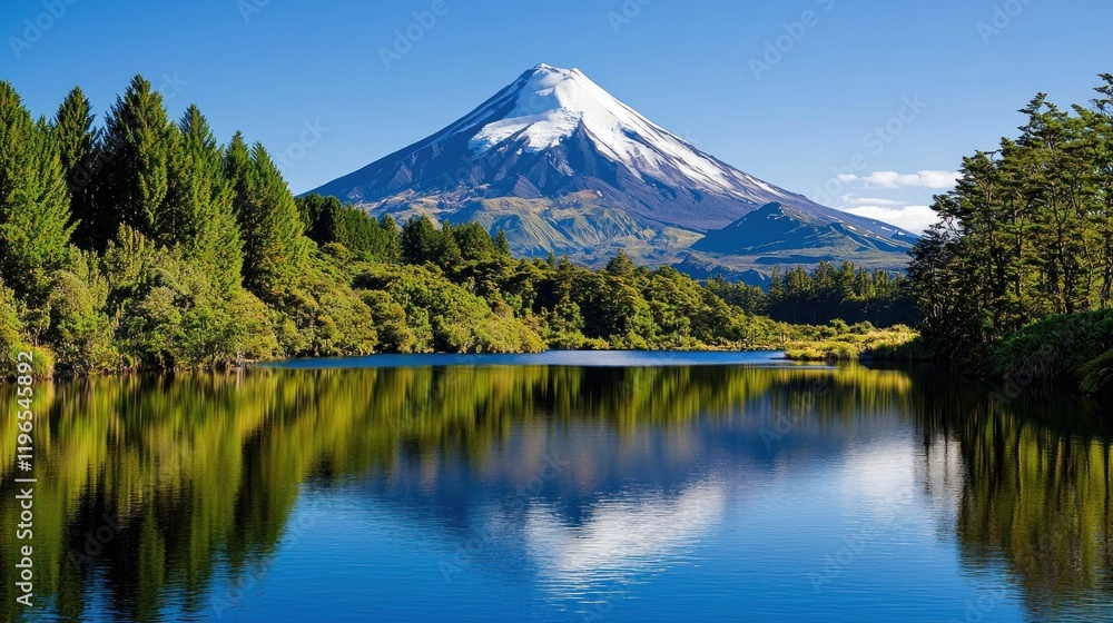 Majestic snowcapped mountain reflected in a calm lake