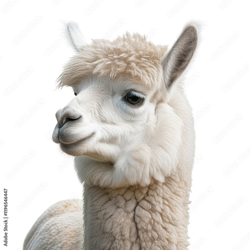 Obraz premium Portrait of a fluffy white alpaca against a white background.