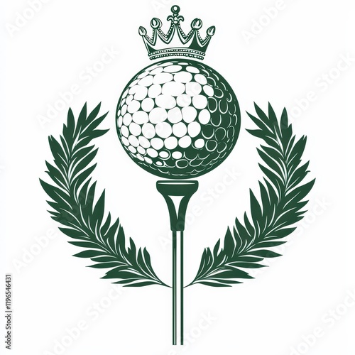 Design of golf ball on tee with wreath and crown icon logo illustration isolated on white background