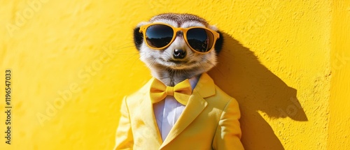 Meerkat dressed in a yellow suit and sunglasses against a vibrant yellow background, showcasing fun animal fashion and personality for creative concepts. photo