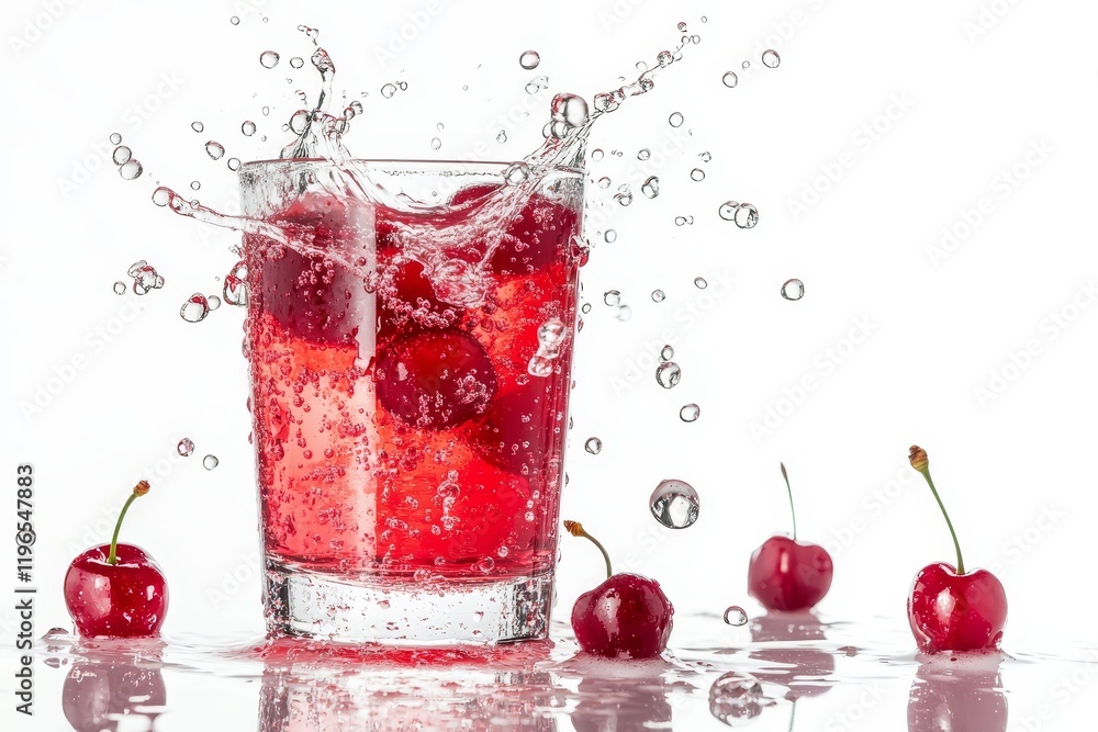 Refreshing cherry drink splashing in glass. Refreshing cherry drink splashing in glass.