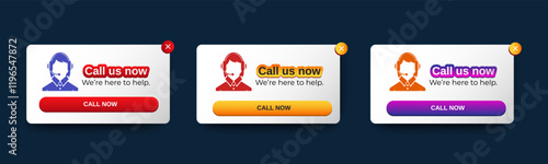 Set of Call now pop up banner with flat design on white background. Professional web design, full set of elements. User-friendly design materials. vector