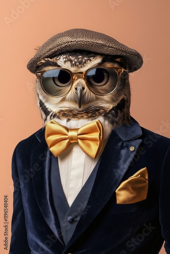 Owl in formal attire with sunglasses and bow tie, showcasing a stylish and whimsical character, perfect for creative marketing, fashion themes, or unique animal illustrations. photo