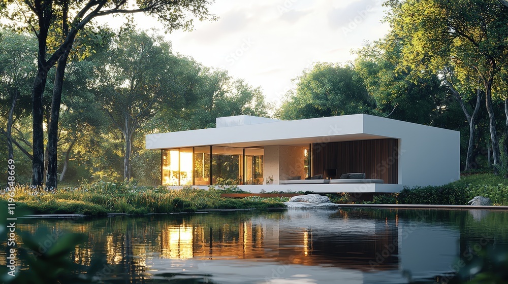 Obraz premium Modern designed white house with big garden and garage exterior view