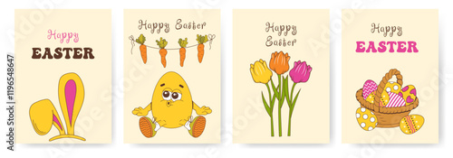 Set of easter greeting card with cute illustrations. Egg hunt event invitation template. Ideal for flyer, postcard, promo.Happy Easter creative poster collection.