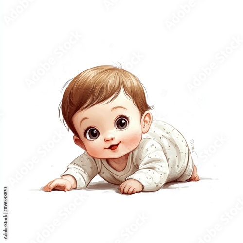 Adorable Baby Crawling: A Sweet and Charming Digital Painting of an Infant's Playful Moment. Captivating Childhood Innocence and Joyful Expression. photo