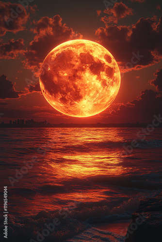 Blood Moon Rising Over Cityscape and Ocean