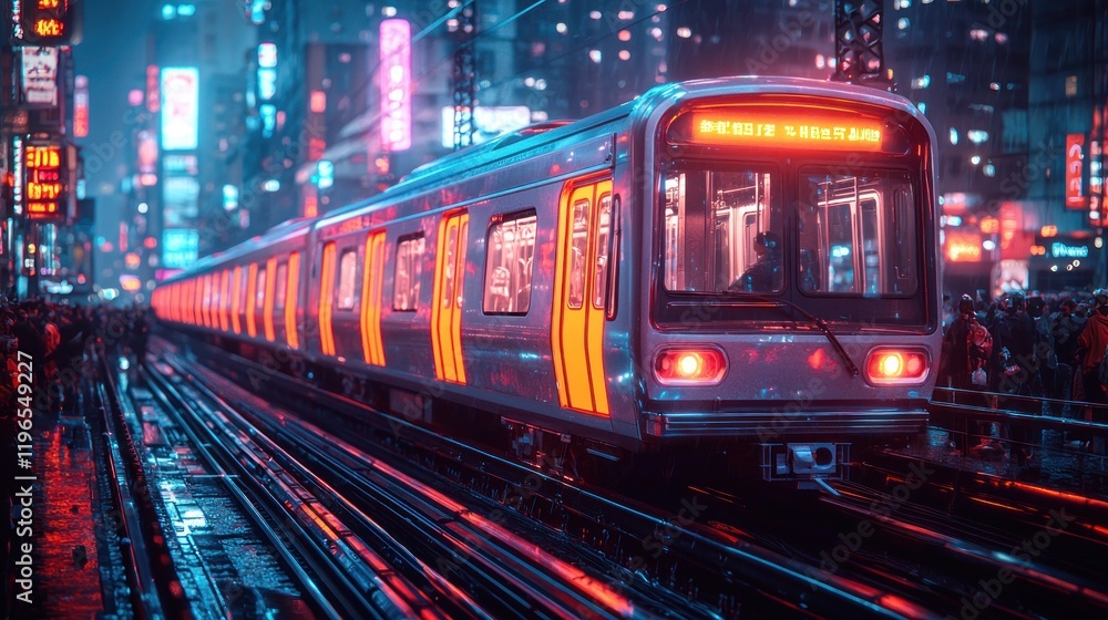 Obraz premium City Night Train Arriving Neon Lights Rain.