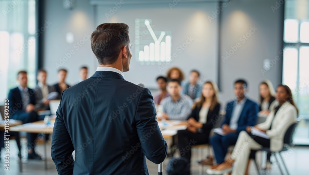 Confident businessman giving a presentation in front of crowd in meeting conference seminar room. Leadership authority teamwork in business concept Confident businessman giving a presentation in front of crowd in meeting conference seminar room. Leadership authority teamwork in business concept