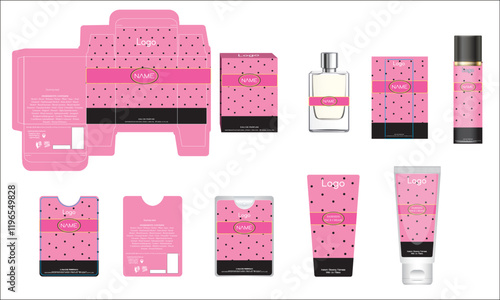 Packaging design, luxury perfume box, pocket perfume, deo design and face cream template and mock up box. Illustration vector.