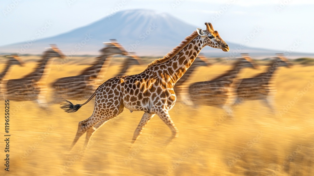 Obraz premium Giraffe herd running, savanna, volcano background, wildlife.
