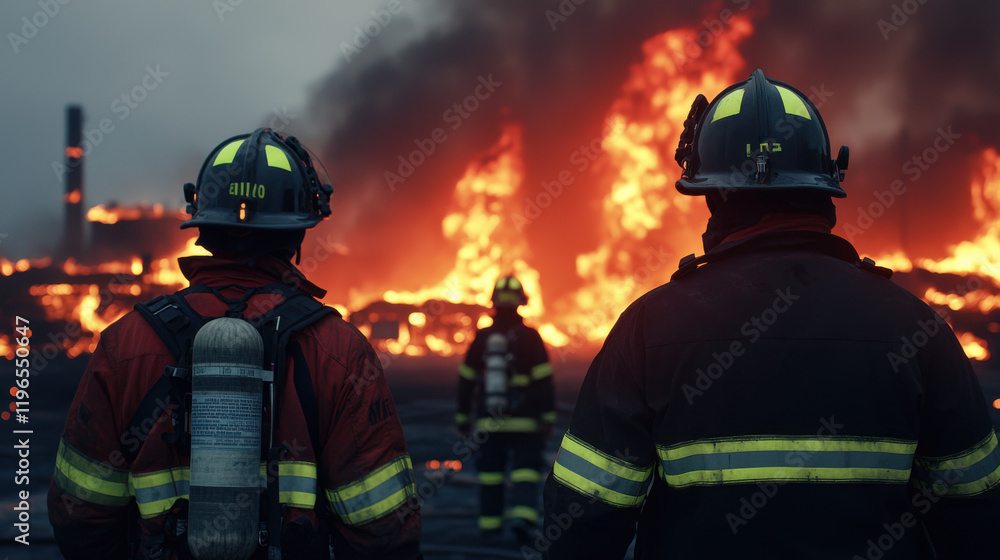 Firefighters in protective gear facing large industrial fire at night Firefighters in protective gear facing large industrial fire at night