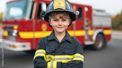 Young firefighter smiling confidently in front of fire truck